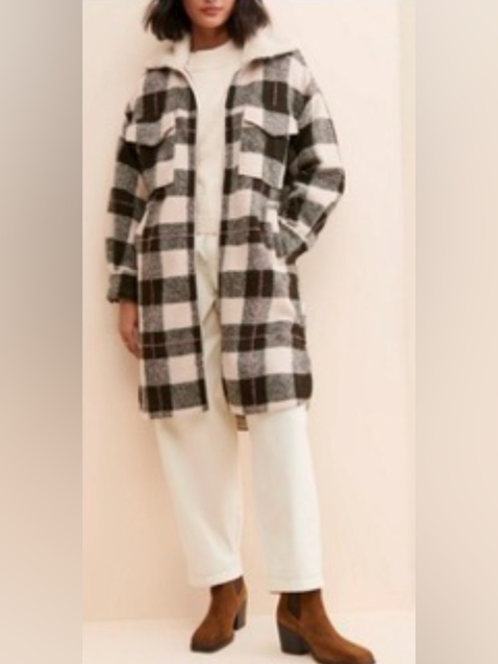 Varley Harlow Plaid Coat Long Jacket Sherpa Collar Zip Coatigan - Black & Cream